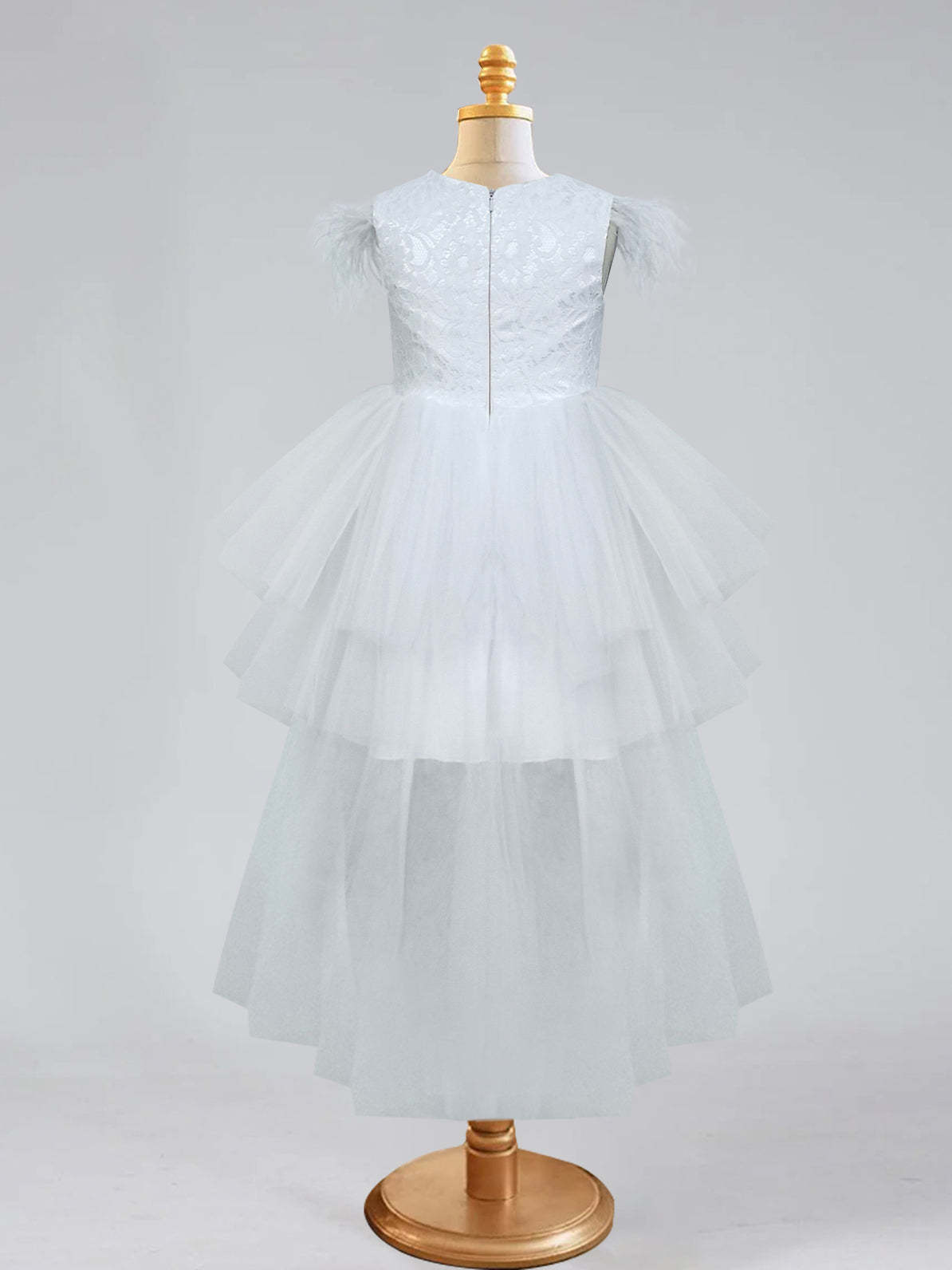 Asymmetrical High-Low A-Line Princess Flower Girl Dress with Beading and Feather
