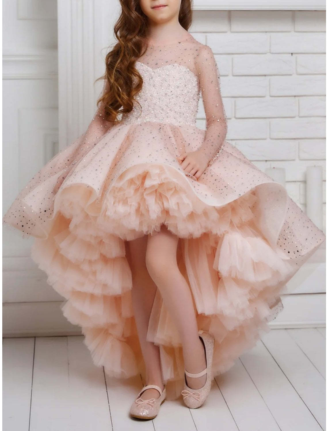 Asymmetrical High Low A-Line Princess Flower Girl Dresses with Beading