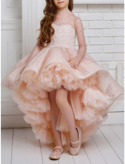 Asymmetrical High Low A-Line Princess Flower Girl Dresses with Beading