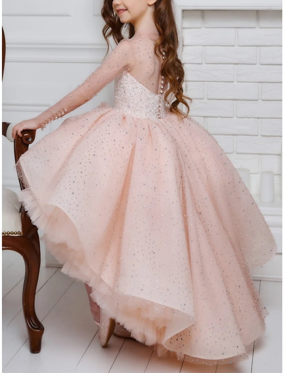 Asymmetrical High Low A-Line Princess Flower Girl Dresses with Beading