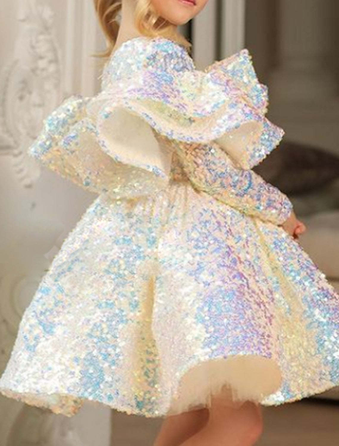 Princess Ball Gown with Long Sleeves and Sequins for Little Girls Featuring Ruffles