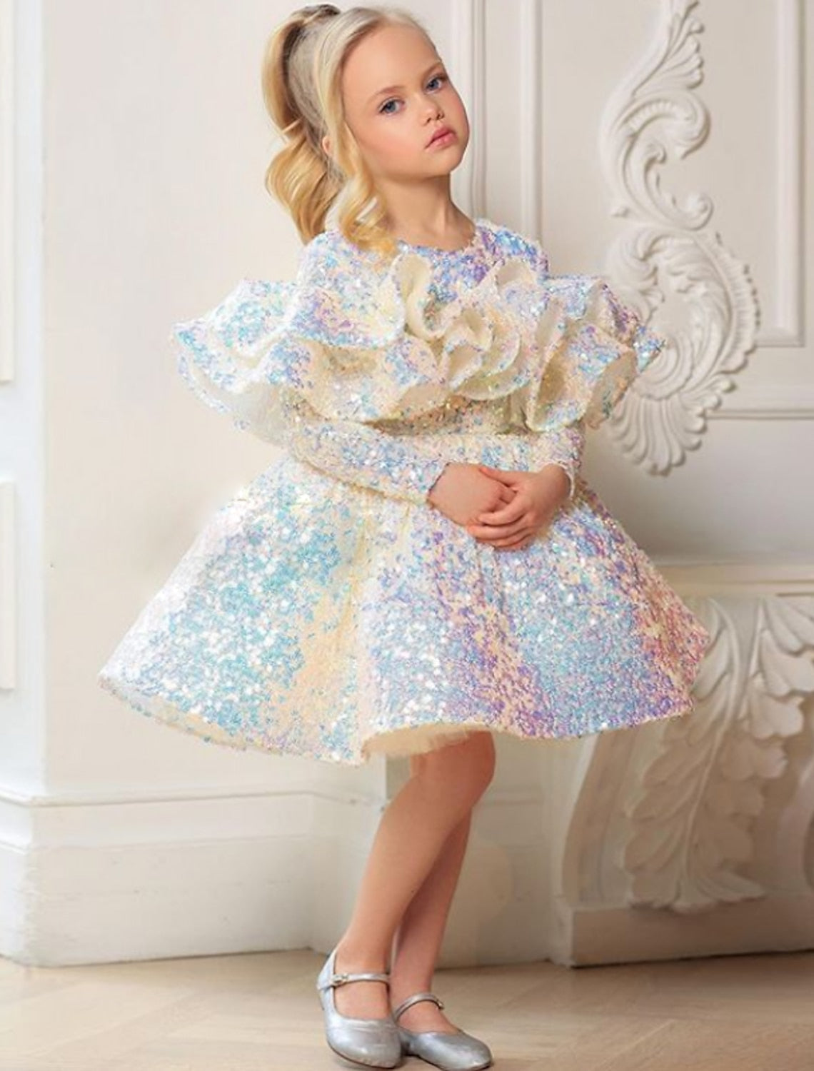 Princess Ball Gown with Long Sleeves and Sequins for Little Girls Featuring Ruffles