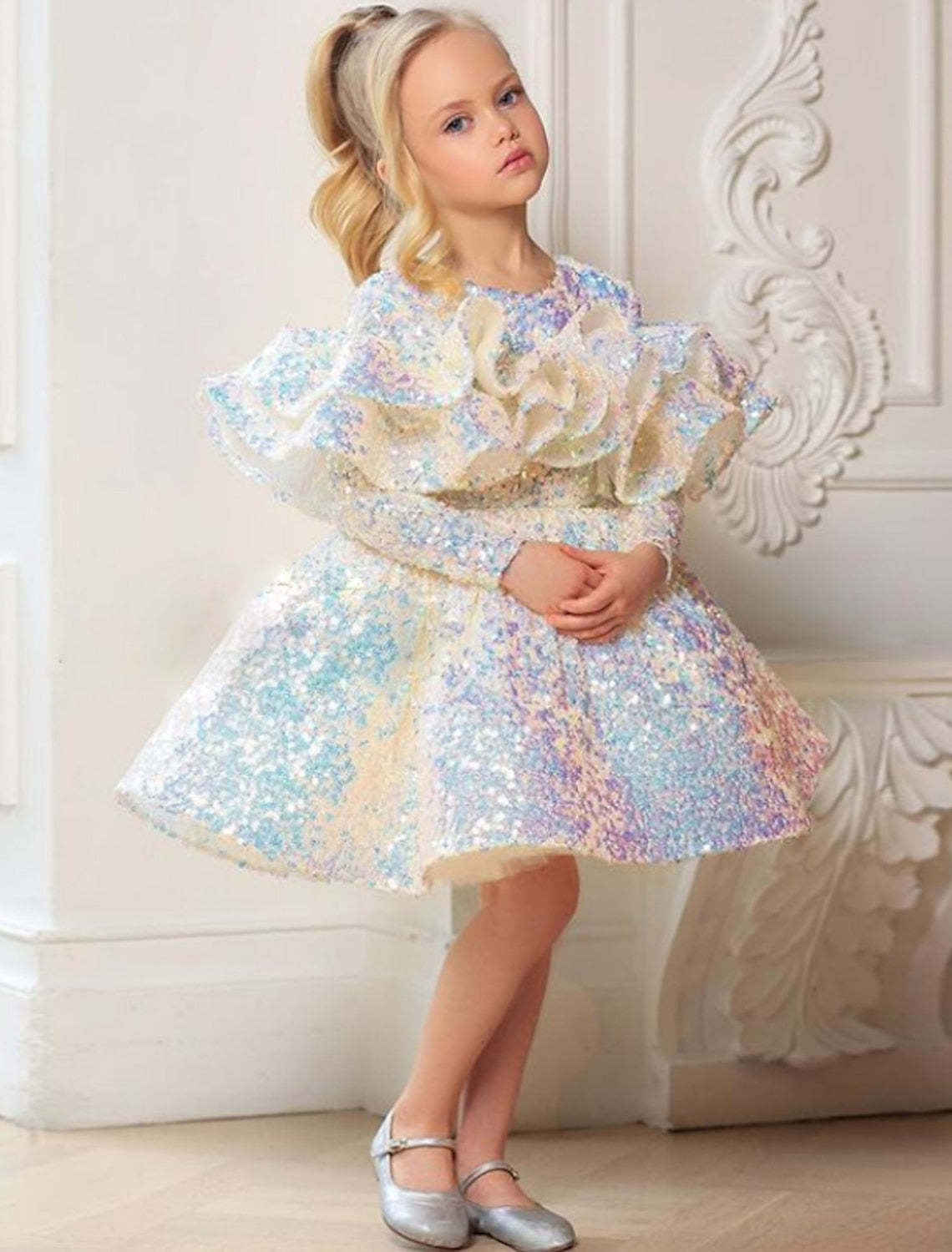 Princess Ball Gown with Long Sleeves and Sequins for Little Girls Featuring Ruffles
