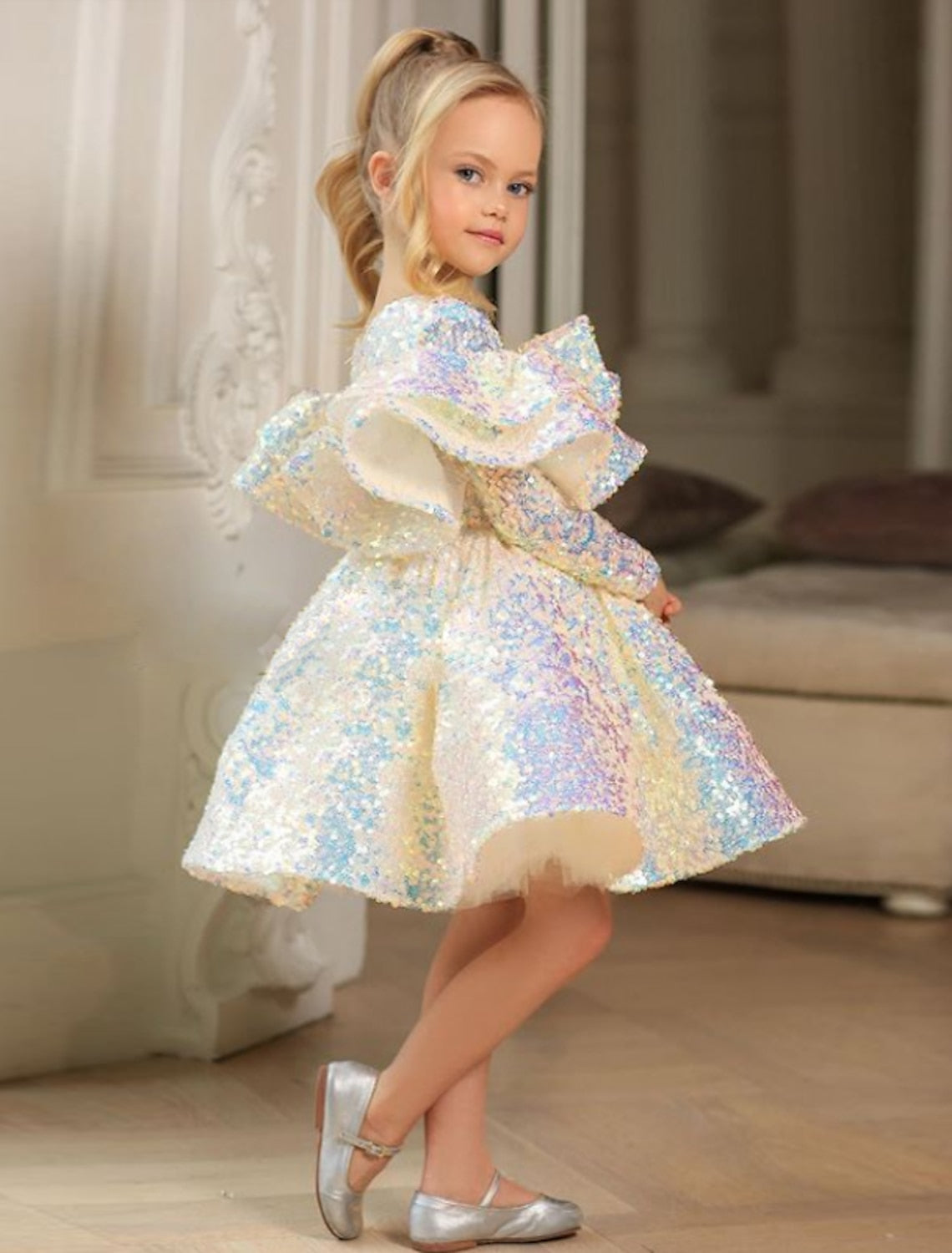 Princess Ball Gown with Long Sleeves and Sequins for Little Girls Featuring Ruffles