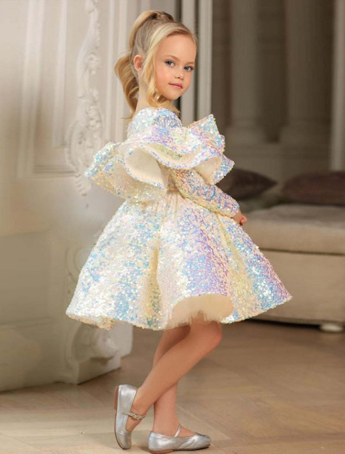Princess Ball Gown with Long Sleeves and Sequins for Little Girls Featuring Ruffles
