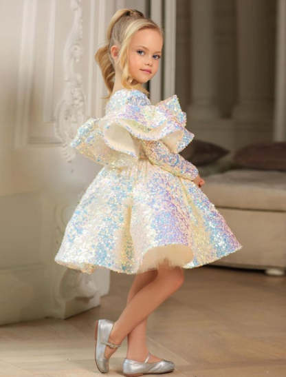 Princess Ball Gown with Long Sleeves and Sequins for Little Girls Featuring Ruffles