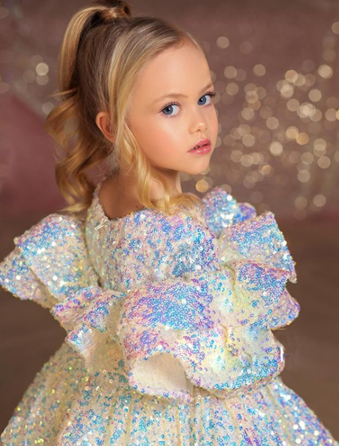 Princess Ball Gown with Long Sleeves and Sequins for Little Girls Featuring Ruffles