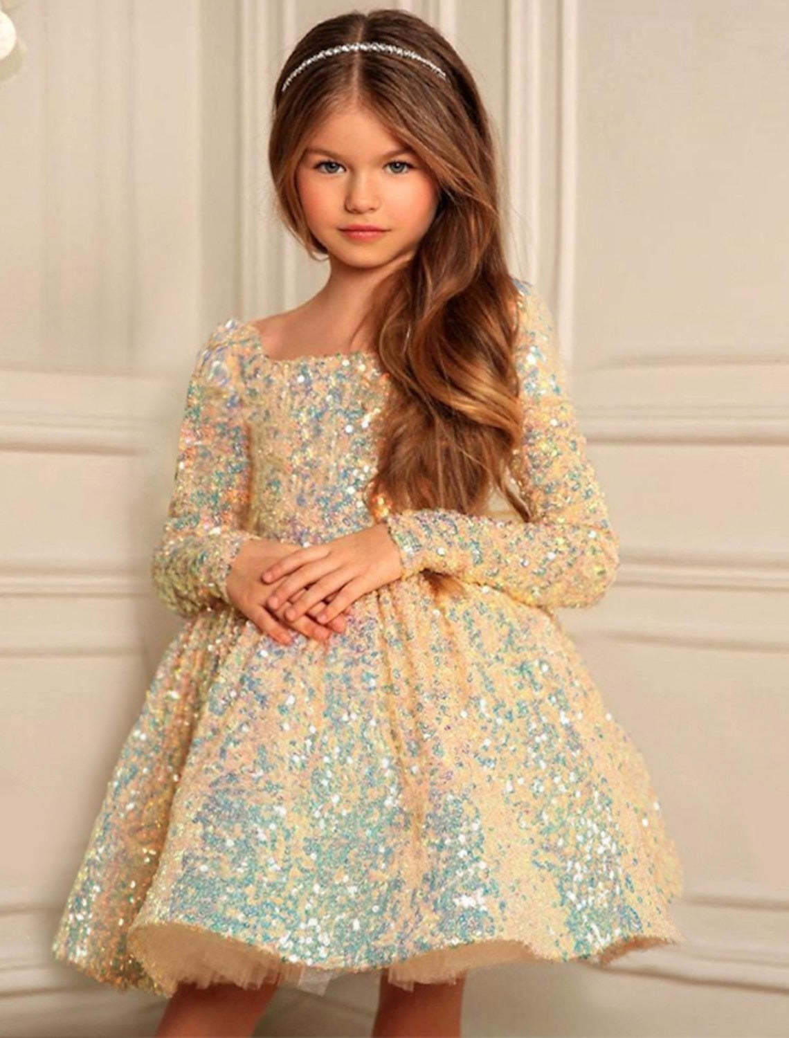 Princess Ball Gown with Long Sleeves and Sequins for Little Girls
