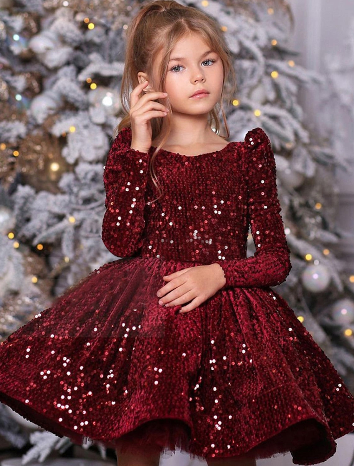 Princess Ball Gown with Long Sleeves and Sequins for Little Girls