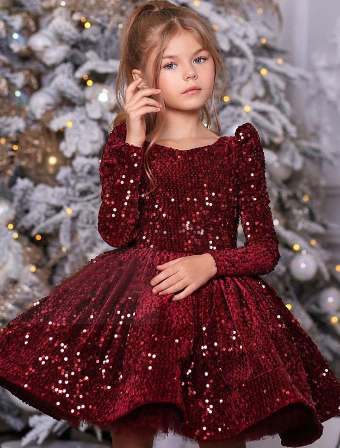Princess Ball Gown with Long Sleeves and Sequins for Little Girls