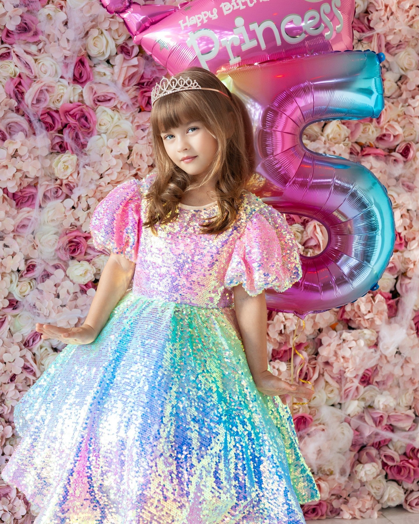 Princess Ball Gown with Rainbow Unicorn Sequins for Little Girls