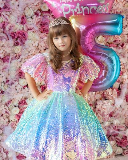 Princess Ball Gown with Rainbow Unicorn Sequins for Little Girls