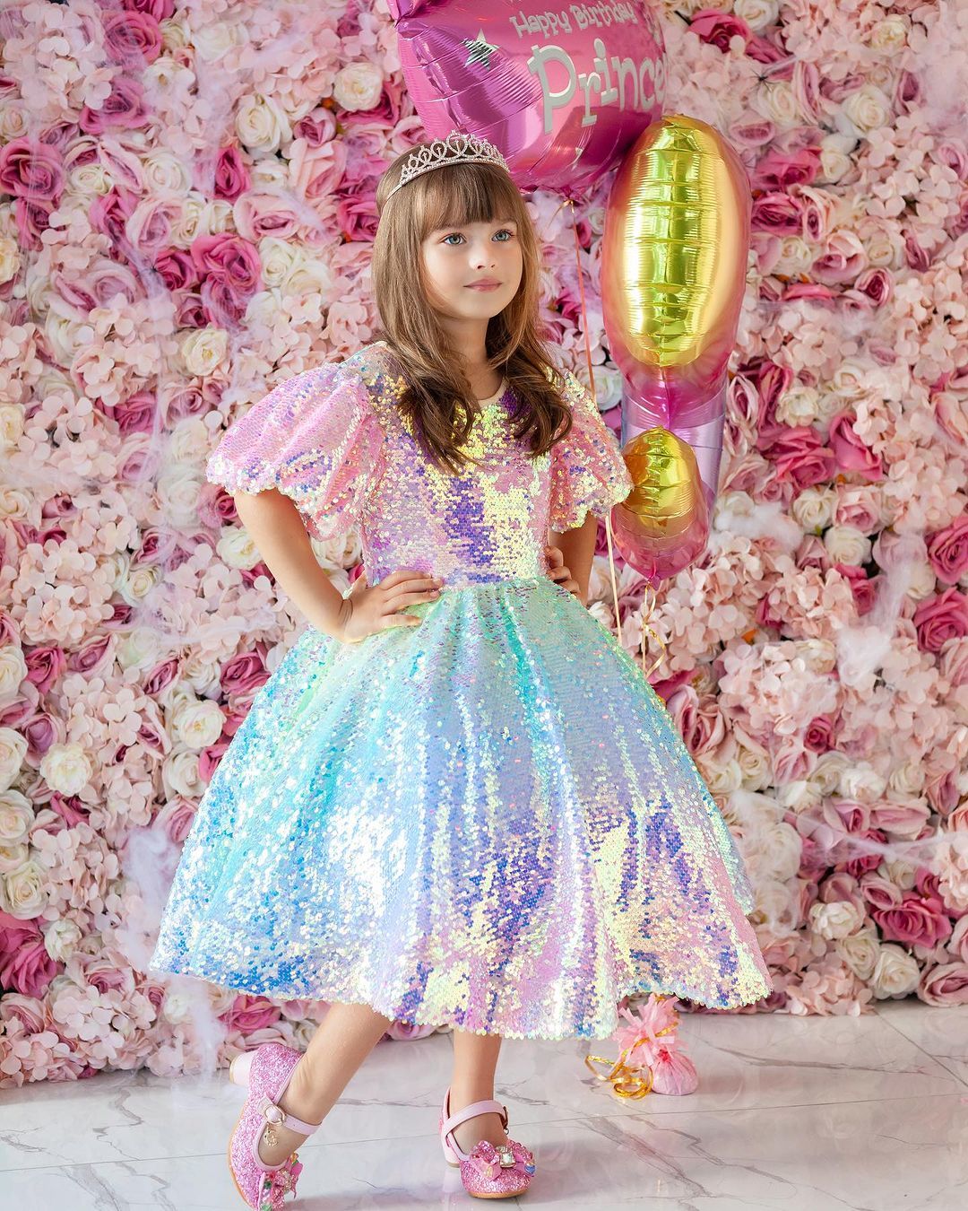 Princess Ball Gown with Rainbow Unicorn Sequins for Little Girls