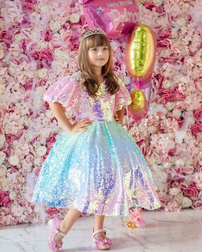 Princess Ball Gown with Rainbow Unicorn Sequins for Little Girls