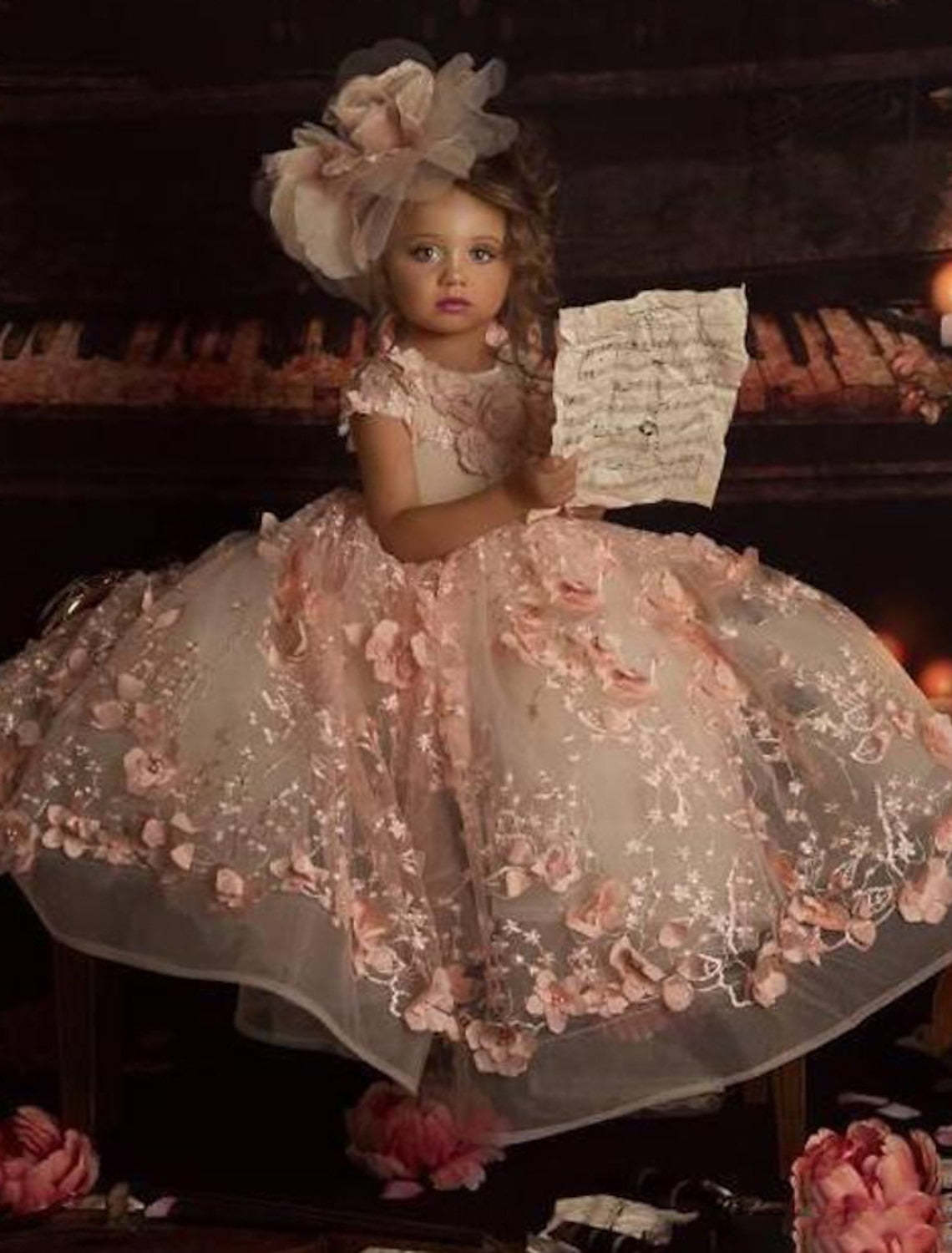 Little Girl's Floral Applique Tulle Ball Gown