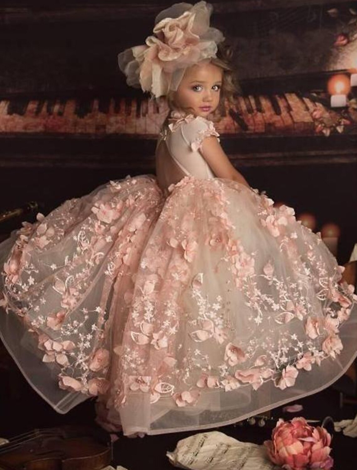 Little Girl's Floral Applique Tulle Ball Gown