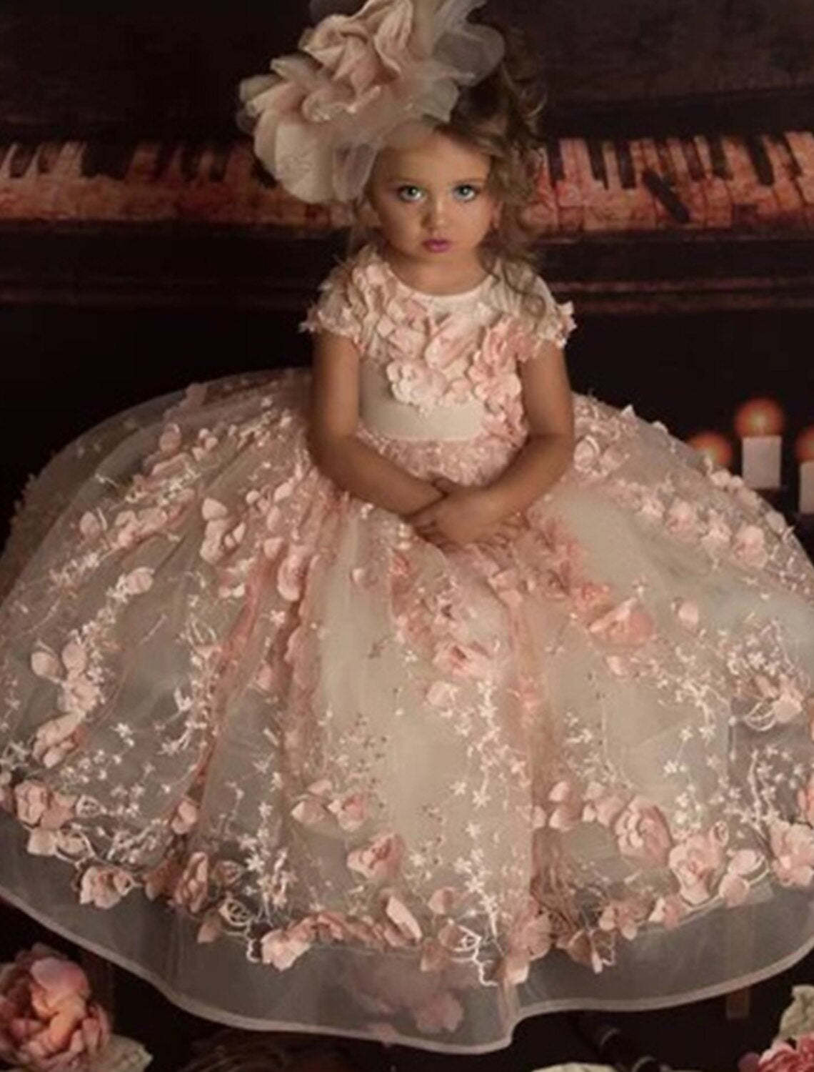 Little Girl's Floral Applique Tulle Ball Gown