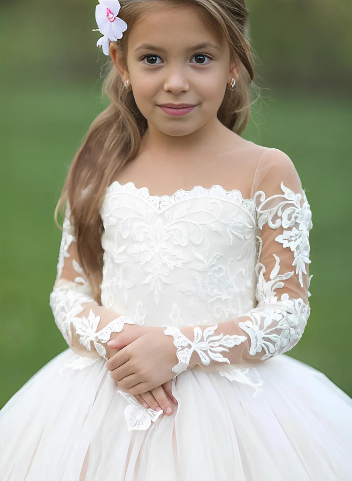 Flower Girl Dresses in A-Line and Princess Styles with Sheer Neck Tulle and Applique