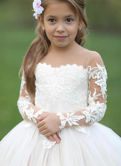 Flower Girl Dresses in A-Line and Princess Styles with Sheer Neck Tulle and Applique