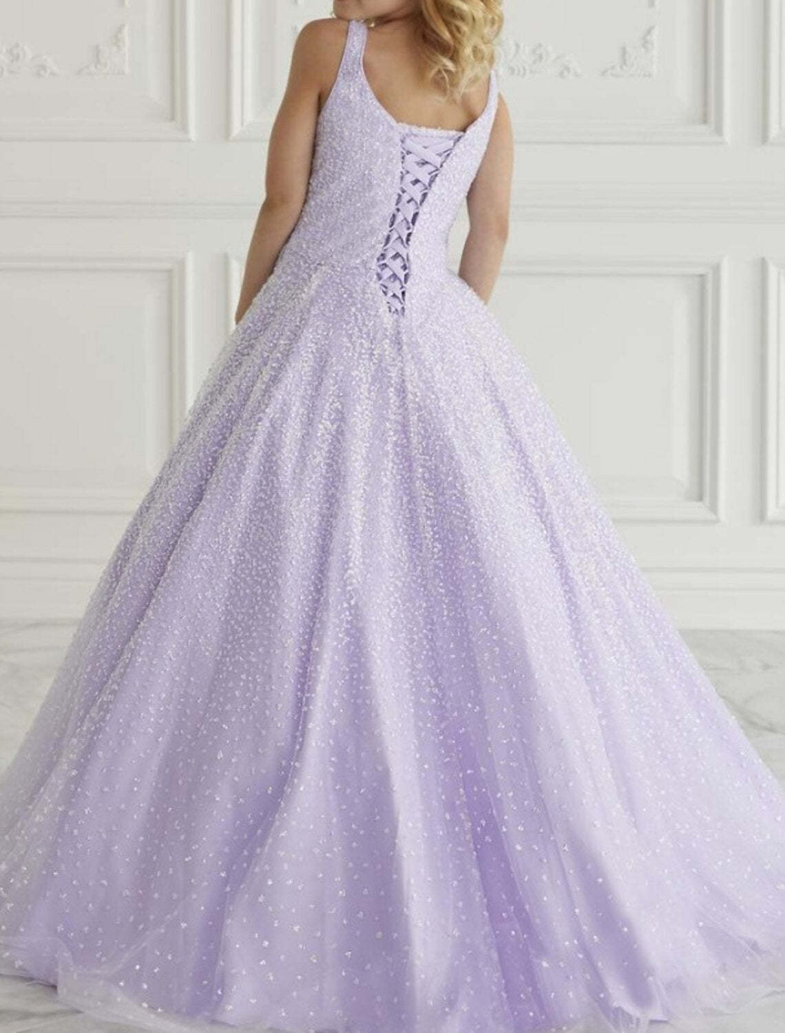 Square Neck A-Line Princess Dresses with Sequins & Watteau Train for Girls