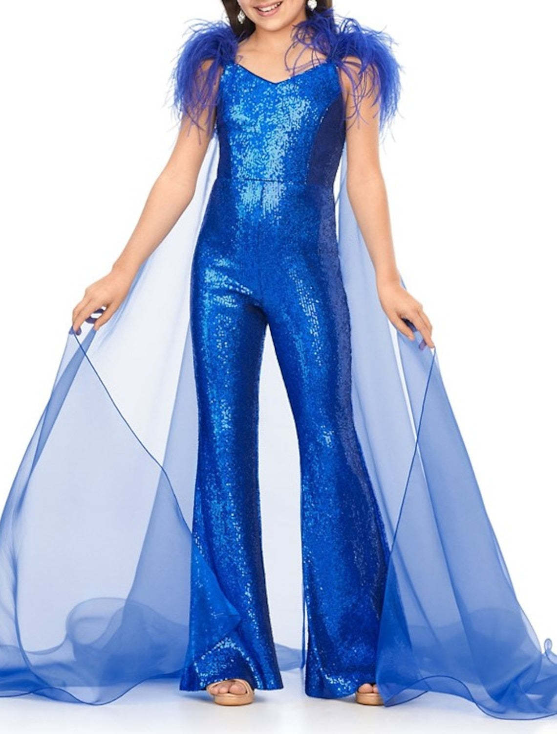 Sequined V-Neck Jumpsuit for Girls with Feather Accents and Watteau Train