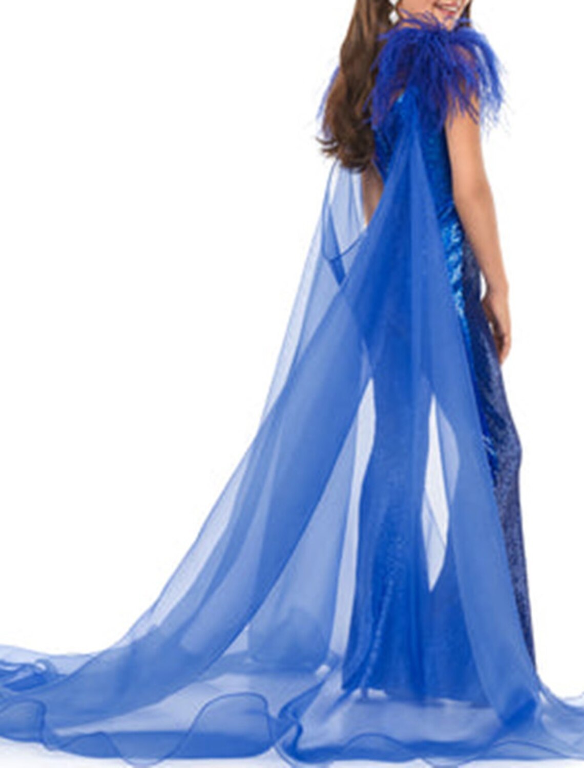 Sequined V-Neck Jumpsuit for Girls with Feather Accents and Watteau Train