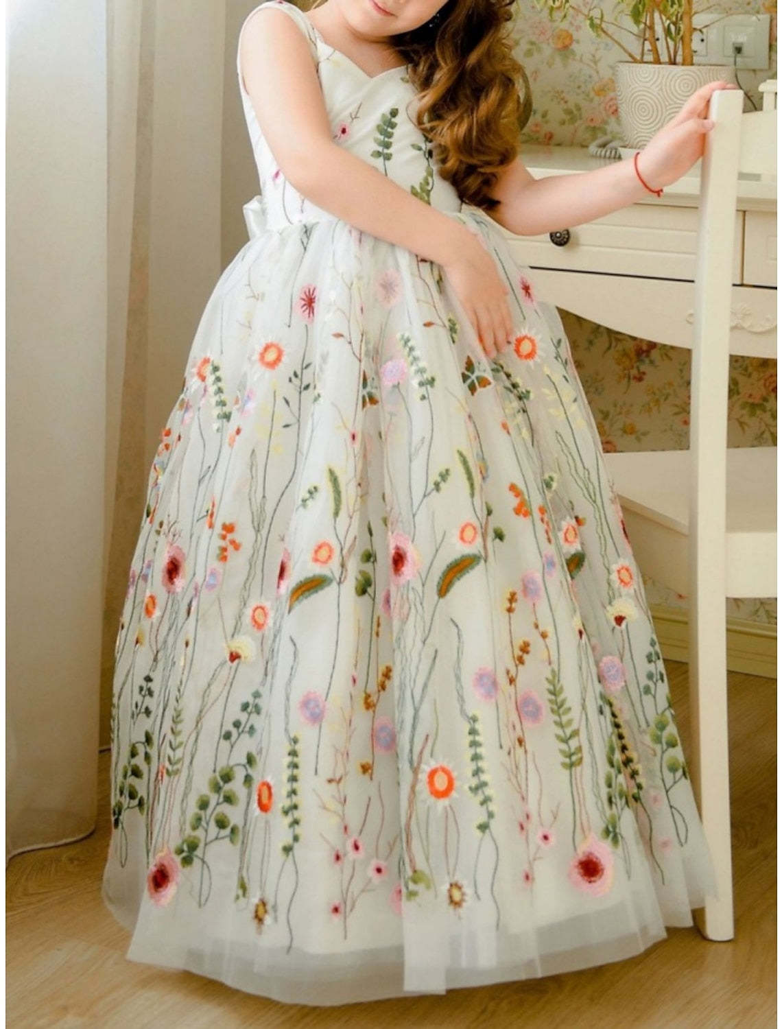 V-Neck A-Line Princess Dress for Little Girls in Embroidered Tulle with Bowknot