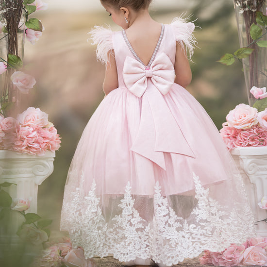 Asymmetrical High-Low Flower Girl Ball Gown with Feather & Applique