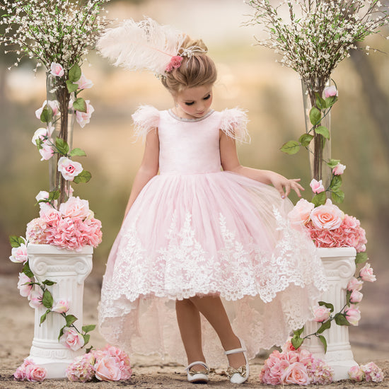 Asymmetrical High-Low Flower Girl Ball Gown with Feather & Applique