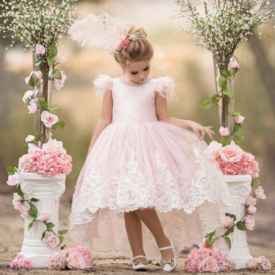 Asymmetrical High-Low Flower Girl Ball Gown with Feather & Applique