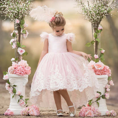 Asymmetrical High-Low Flower Girl Ball Gown with Feather & Applique