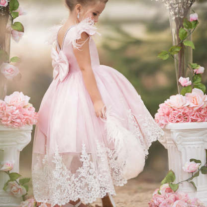 Asymmetrical High-Low Flower Girl Ball Gown with Feather & Applique
