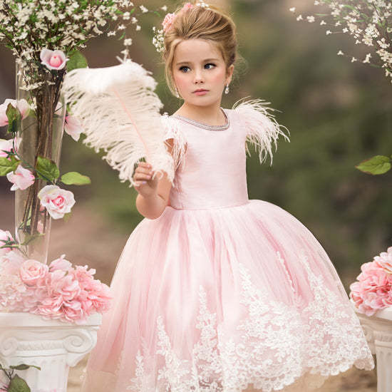 Asymmetrical High-Low Flower Girl Ball Gown with Feather & Applique