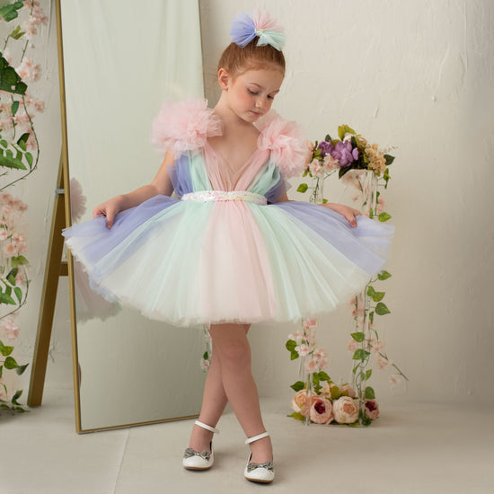Rainbow Tulle Ruffled Ball Gown for Little Girls