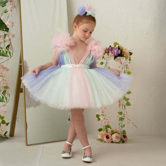 Rainbow Tulle Ruffled Ball Gown for Little Girls