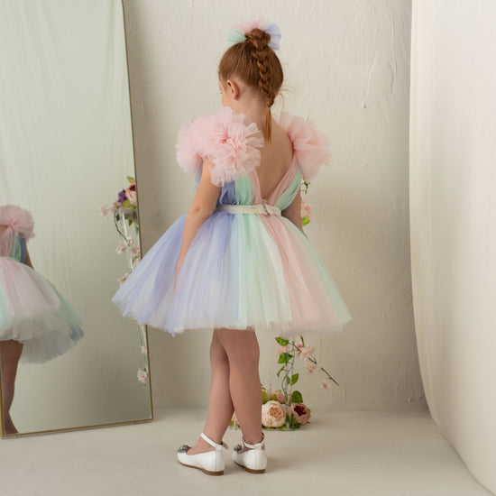 Rainbow Tulle Ruffled Ball Gown for Little Girls