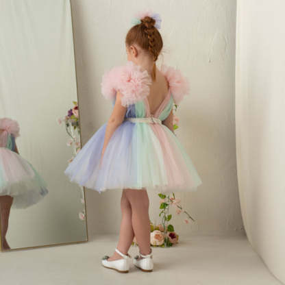 Rainbow Tulle Ruffled Ball Gown for Little Girls