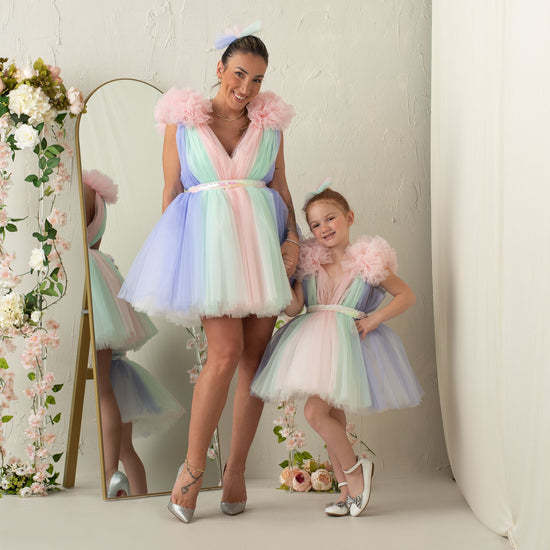 Rainbow Tulle Ruffled Ball Gown for Little Girls
