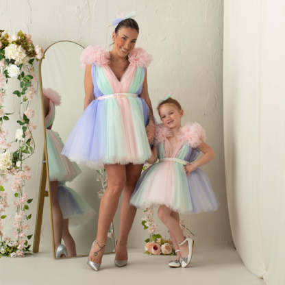 Rainbow Tulle Ruffled Ball Gown for Little Girls