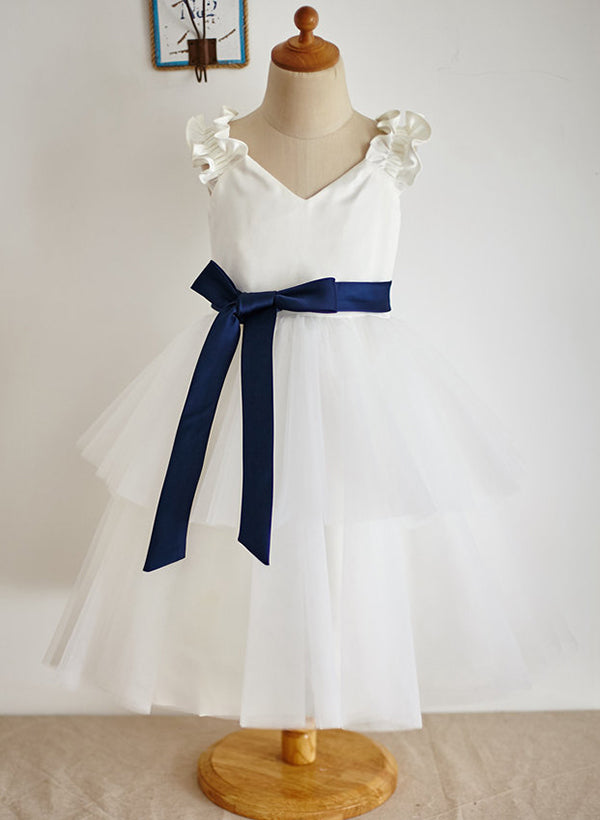 V-Neck A-Line Princess Flower Girl Dresses Featuring a Sash