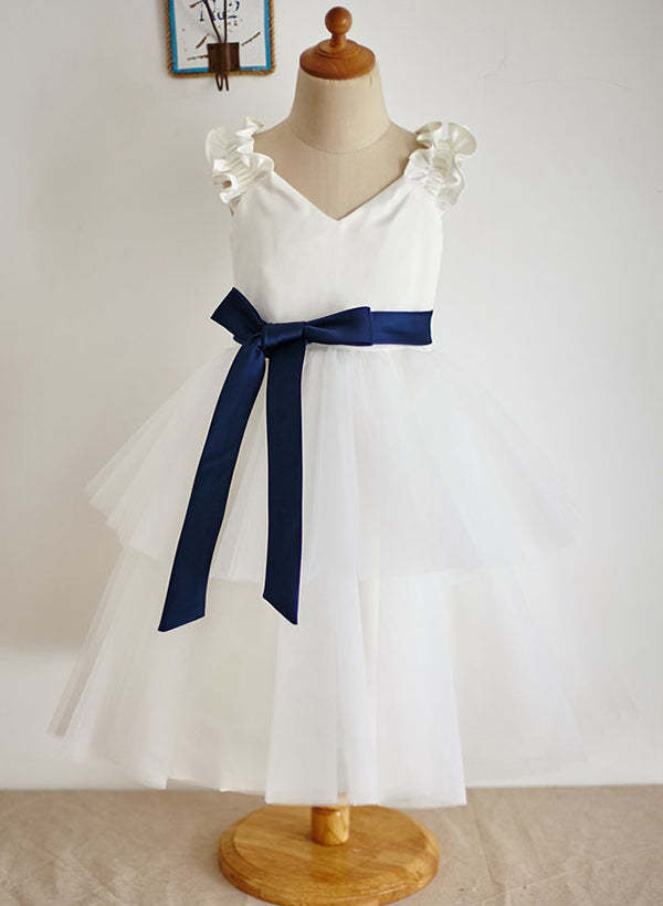V-Neck A-Line Princess Flower Girl Dresses Featuring a Sash