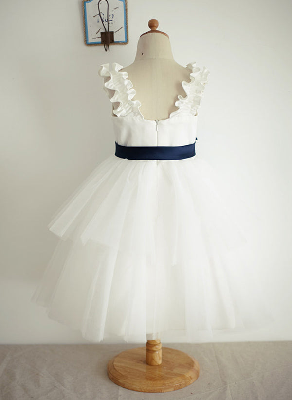 V-Neck A-Line Princess Flower Girl Dresses Featuring a Sash