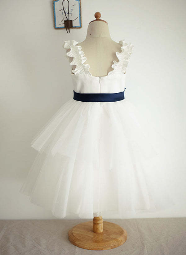 V-Neck A-Line Princess Flower Girl Dresses Featuring a Sash