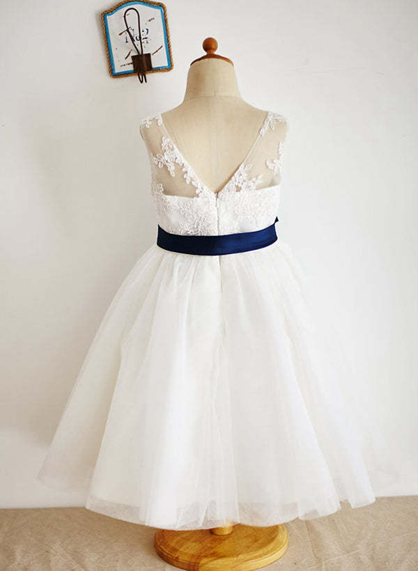 Flower Girl Dresses With Sash in A-Line/Princess Illusion Neck