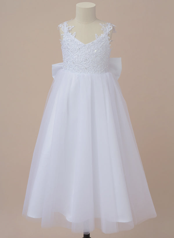 V-Neck A-Line Princess Flower Girl Dresses Featuring a Bowknot