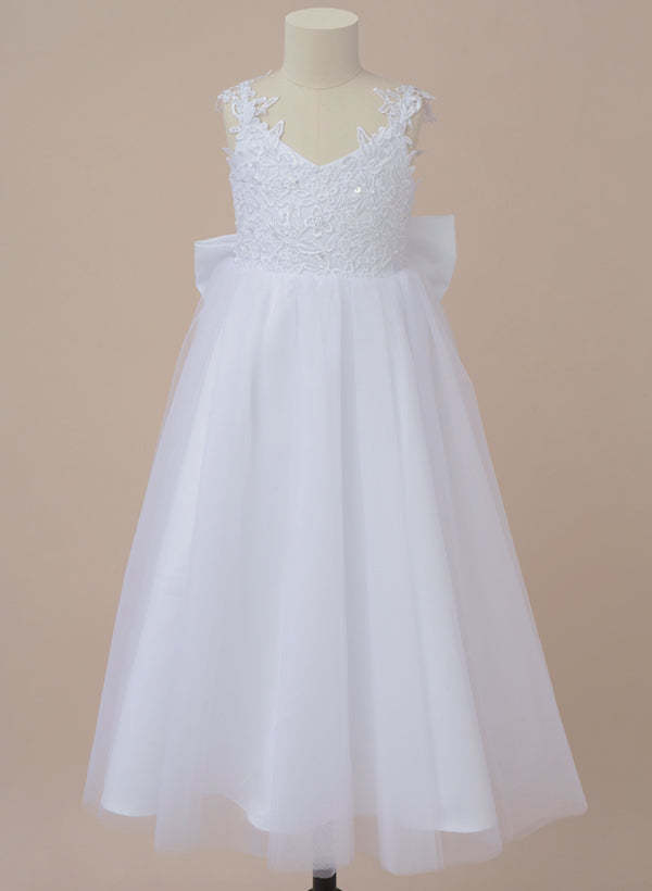 V-Neck A-Line Princess Flower Girl Dresses Featuring a Bowknot