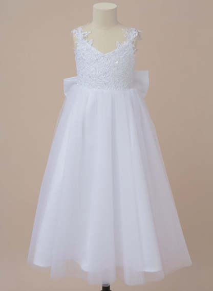 V-Neck A-Line Princess Flower Girl Dresses Featuring a Bowknot