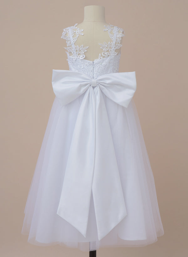 V-Neck A-Line Princess Flower Girl Dresses Featuring a Bowknot