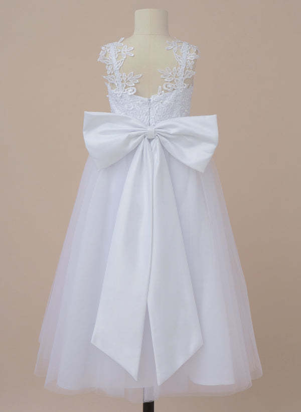 V-Neck A-Line Princess Flower Girl Dresses Featuring a Bowknot