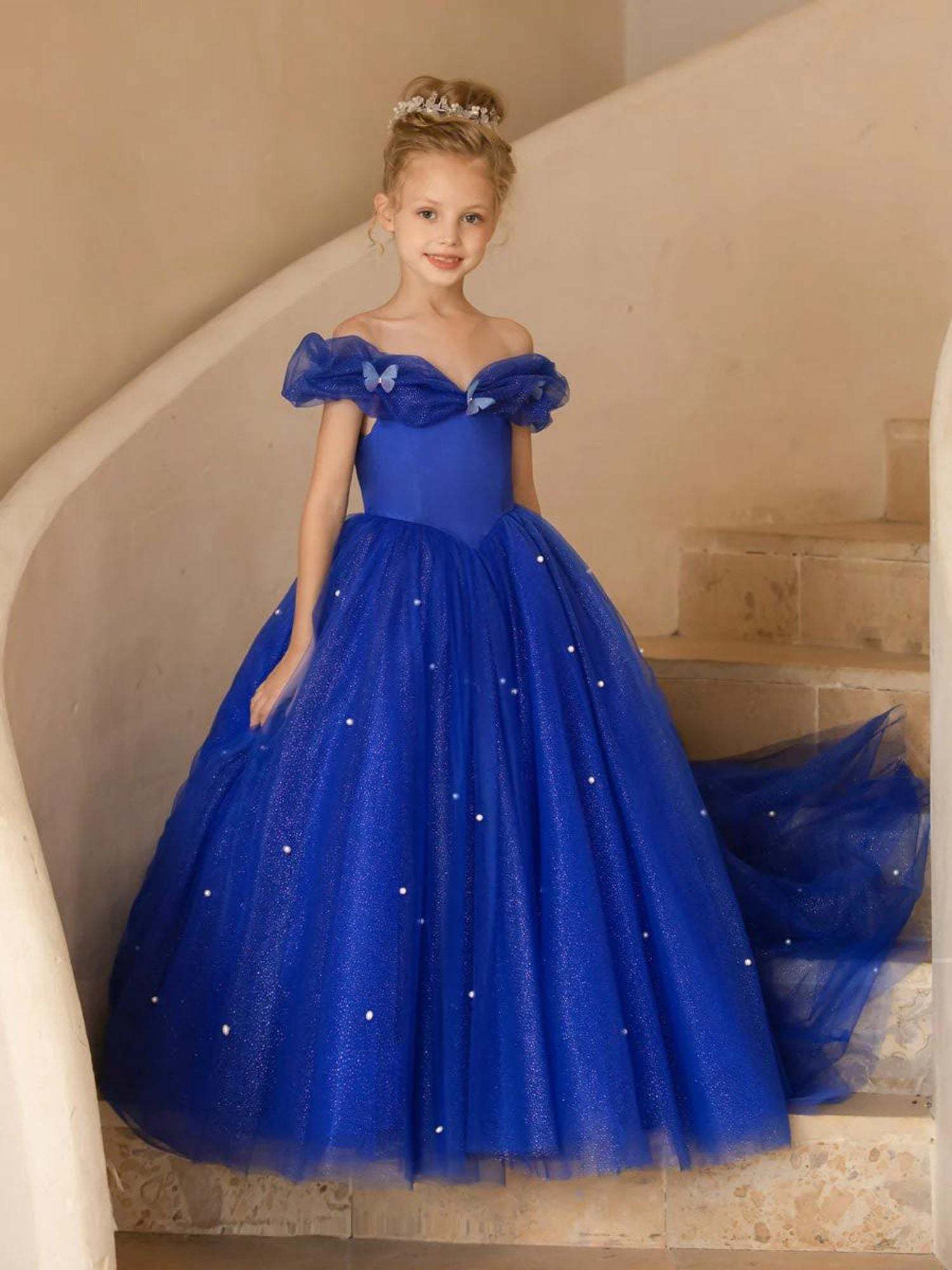 Floor-length A-line Princess Flower Girl Dress with Pearls Off-the-shoulder Short Sleeves
